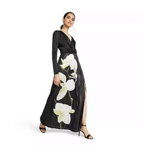 ALTUZARRA Floral Print V-Neck Black Maxi Dress